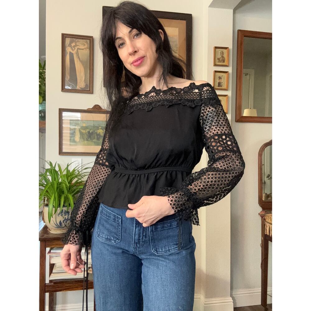 Luxury designer brand Self-Portrait black quipure lace crochet blouse fitted